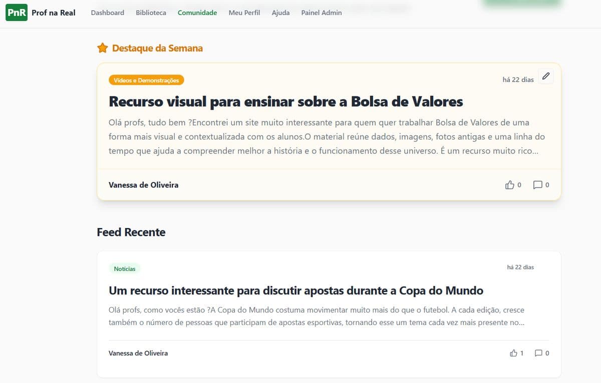 Comunidade Prof na Real com destaque da semana e feed de publicações